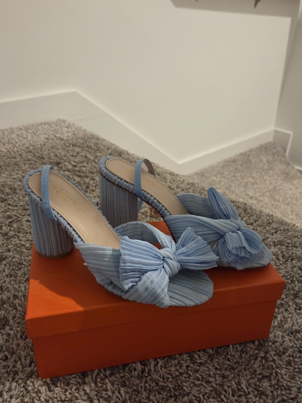 Light Blue Bow Block Heel Sandals